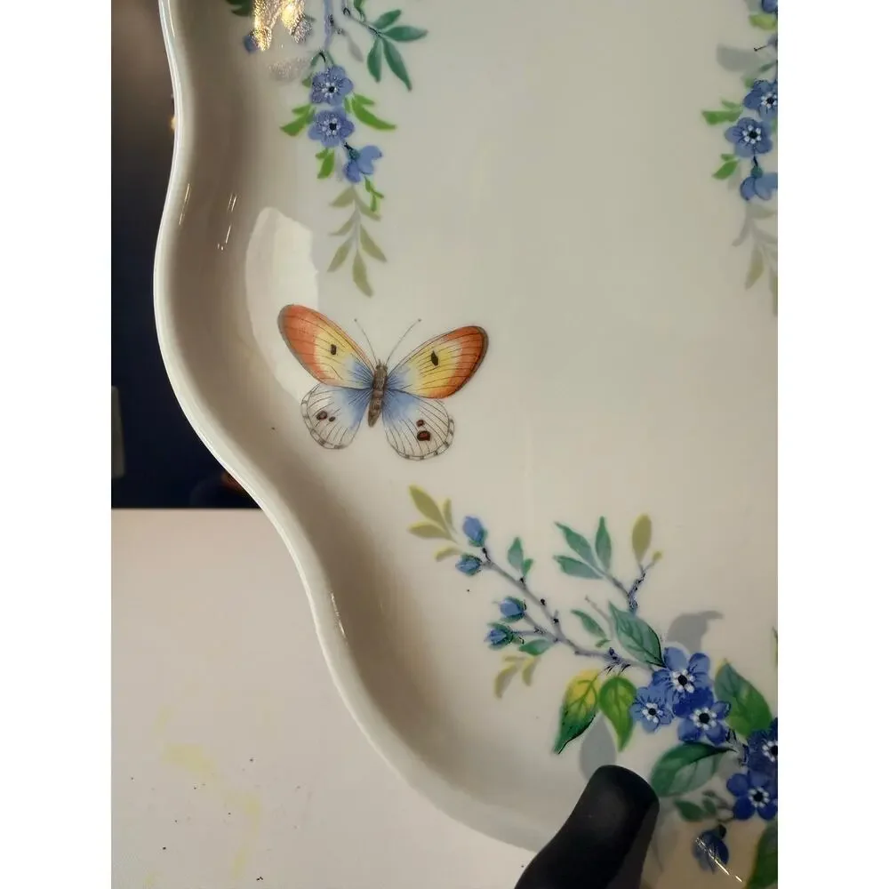 Limoges France Porcelain Scalloped Plate Blue Flowers Butterflies Floral Cabinet